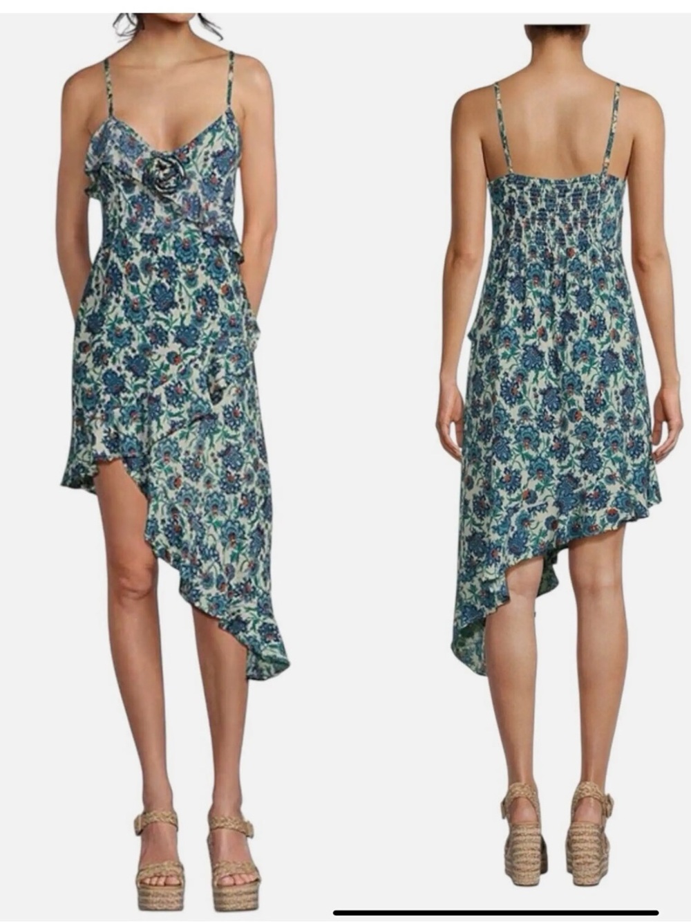 Angie Asymmetric Floral Slip Dress in Blue-Green